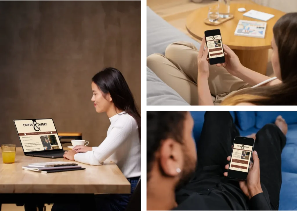 People on their phones and iPads reading Coffee & Theory newsletter