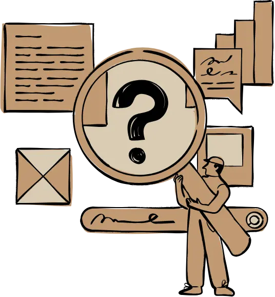 cartoon man holding a looking glass pointing at articles, journals