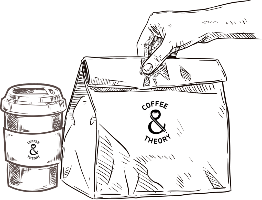 Sketch of a takeaway cup and bag with Coffee & Theory logo