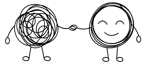 two round pencil drawn figures holding hands, one is smiling