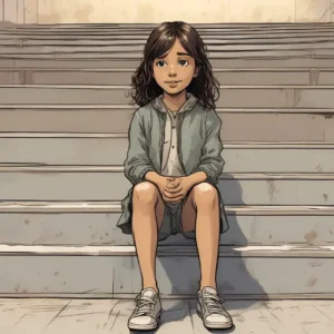 cartoon of a girl sitting on stairs thinking