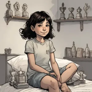 cartoon of a happy girl sitting on her bed with trophies behind her