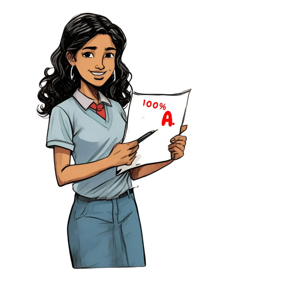 Cartoon style picture of a student holding her exam with a big 'A' on it