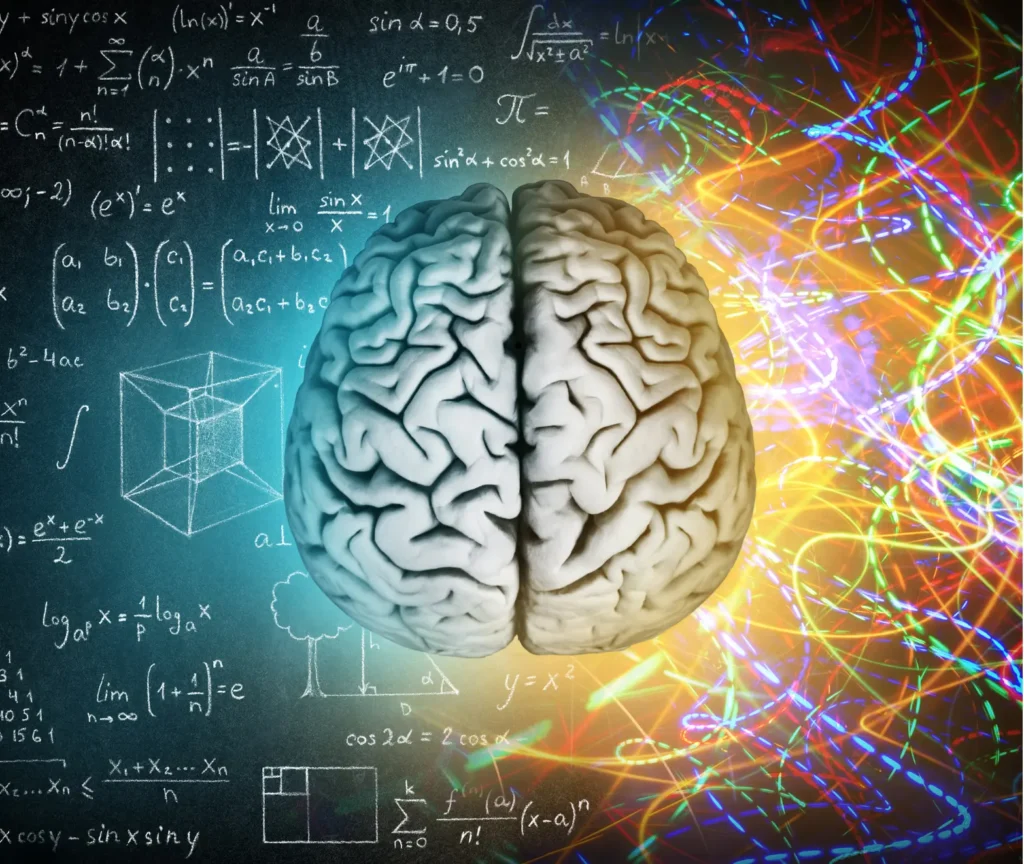 Human brain illustration with maths formulas on one side and colourful neural patterns on the other