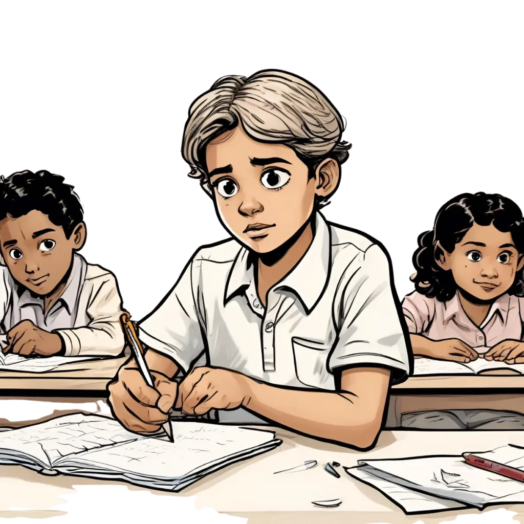 Cartoon of a frustrated boy in a classroom at his desk