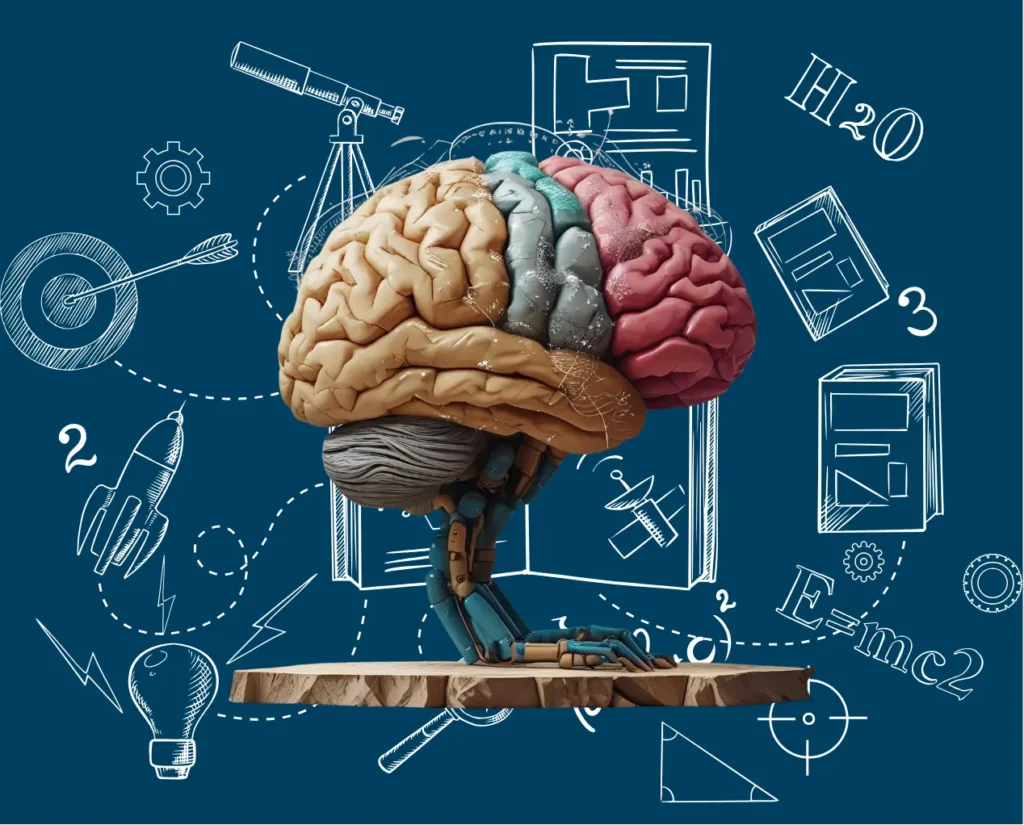 Illustration of a human brain with mechanical parts against a chalkboard filled with science and maths drawings