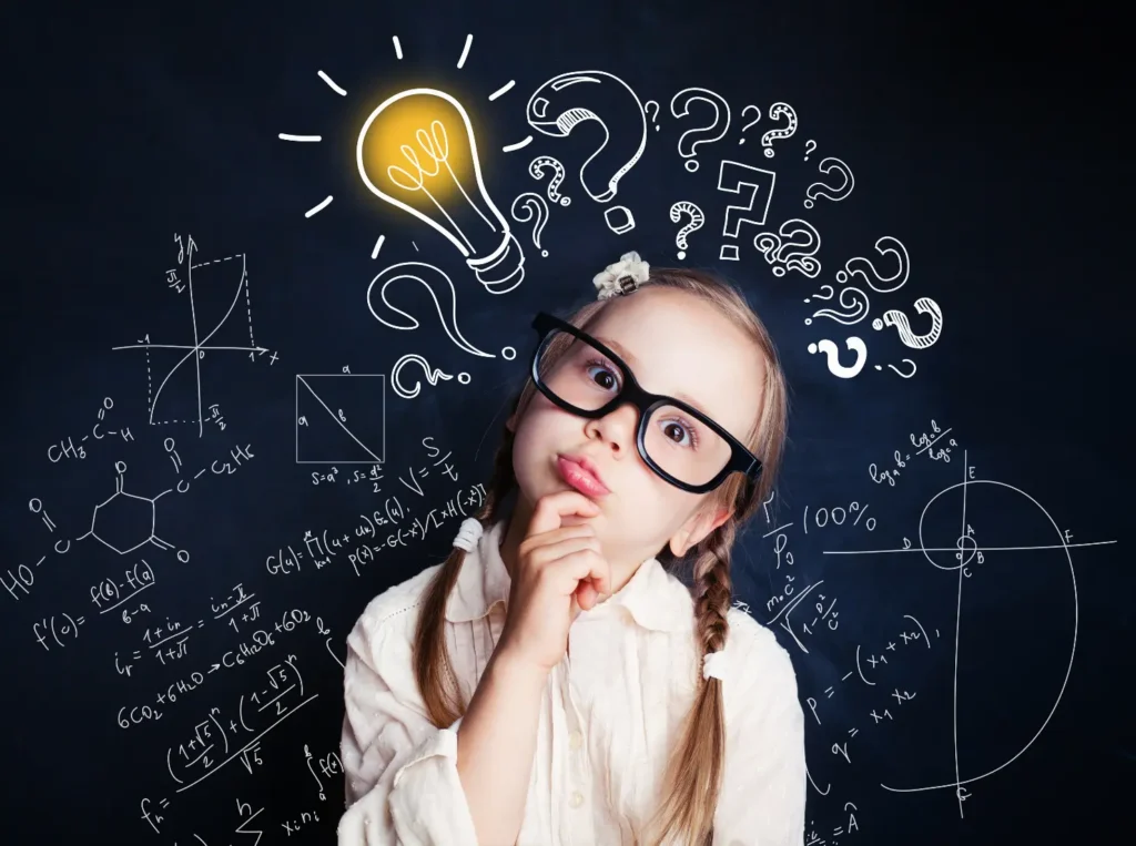 Photo of a little girls thinking with graphic lightbulbs and questions marks around her