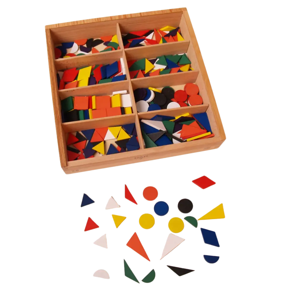 Wooden box with compartments holding colorful geometric shapes used for children’s learning activities.