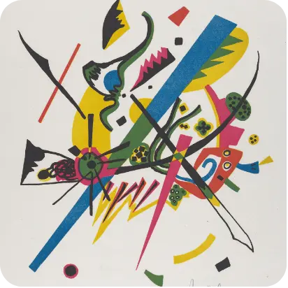 Abstract artwork with bold lines and colorful shapes in a Kandinsky-style composition.
