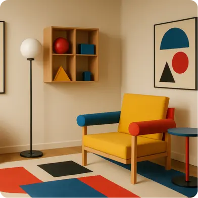 Modern interior with Bauhaus-inspired furniture in red, blue, and yellow, featuring abstract geometric wall art.