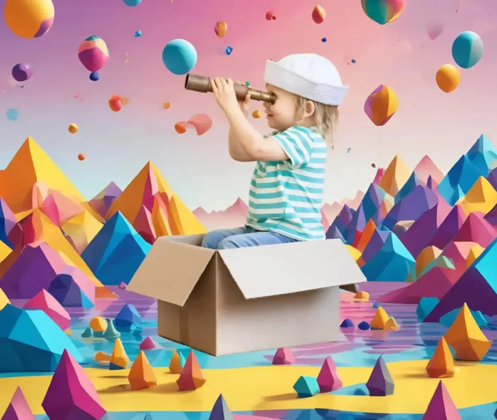 Young child sitting in a cardboard box using a toy telescope in a colourful imaginary landscape with balloons and mountains