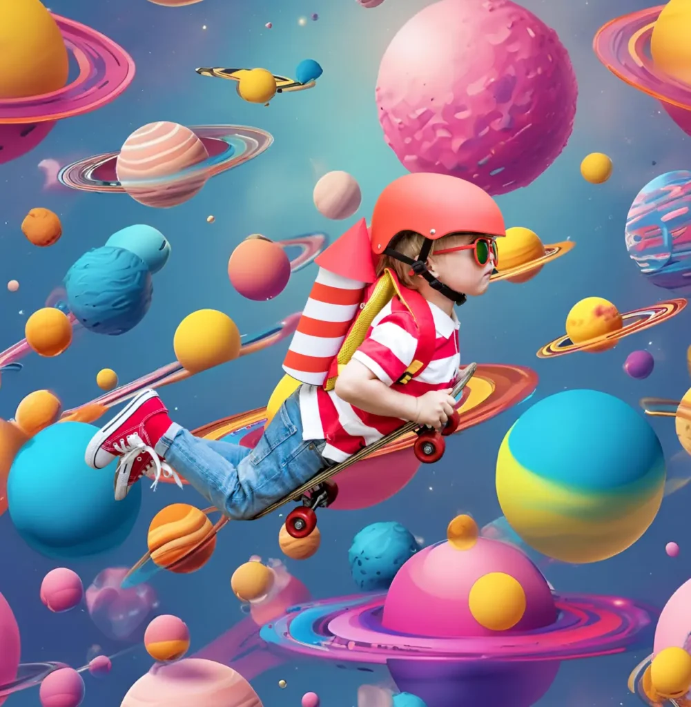 Child imagining space adventure with planets