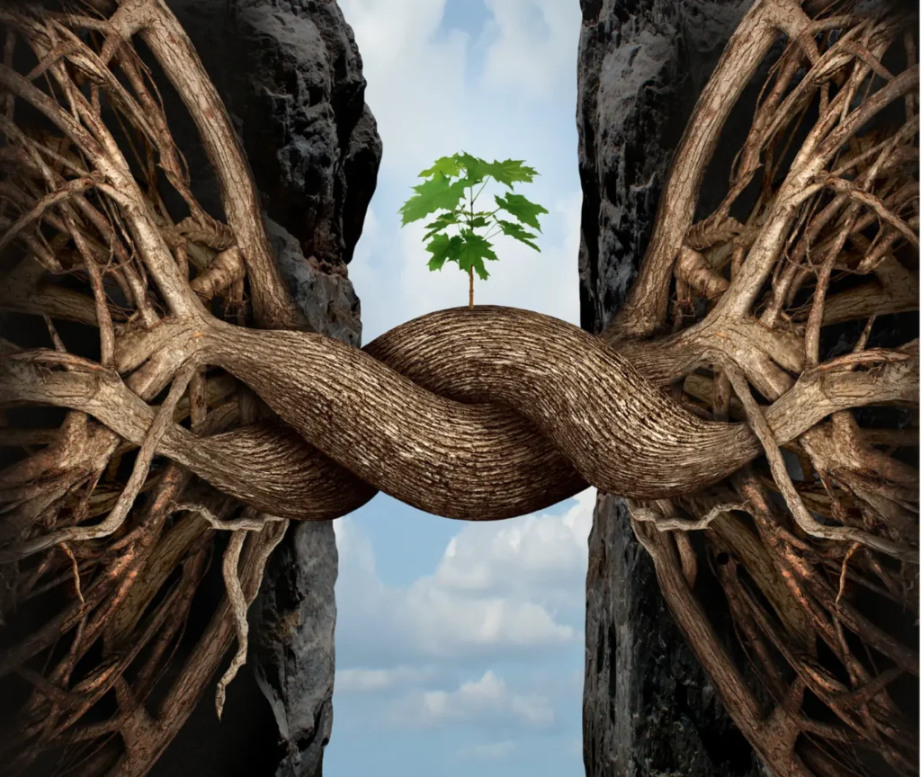 Intertwined tree roots supporting a small green plant growing between rocks