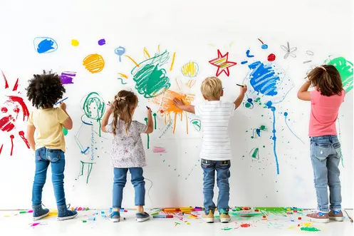Children painting colorful drawings on a wall, exploring creativity and learning through variation