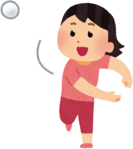 Cartoon girl in red clothes throwing a ball