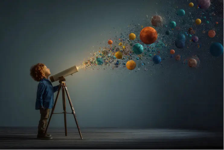 A young child looks through a telescope as colourful planets and stars burst out in front of them.