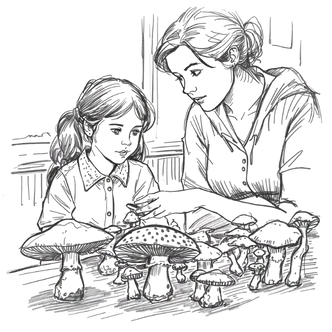 Sketch of a child and an adult examining different mushroom models on a table.