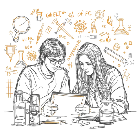 Two students working together at a table with science-themed sketches around them.