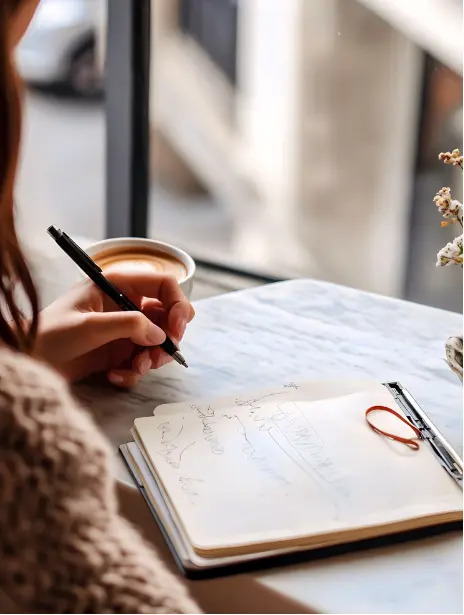 A person writing notes in a notebook at a café table with a cup of coffee beside them.