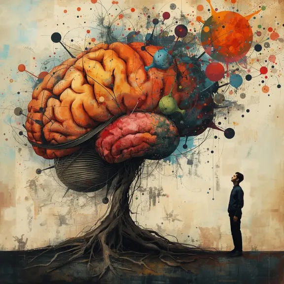 A man stands in front of a large, tree-like brain with colourful abstract shapes surrounding it, symbolising learning, growth, and new ideas.