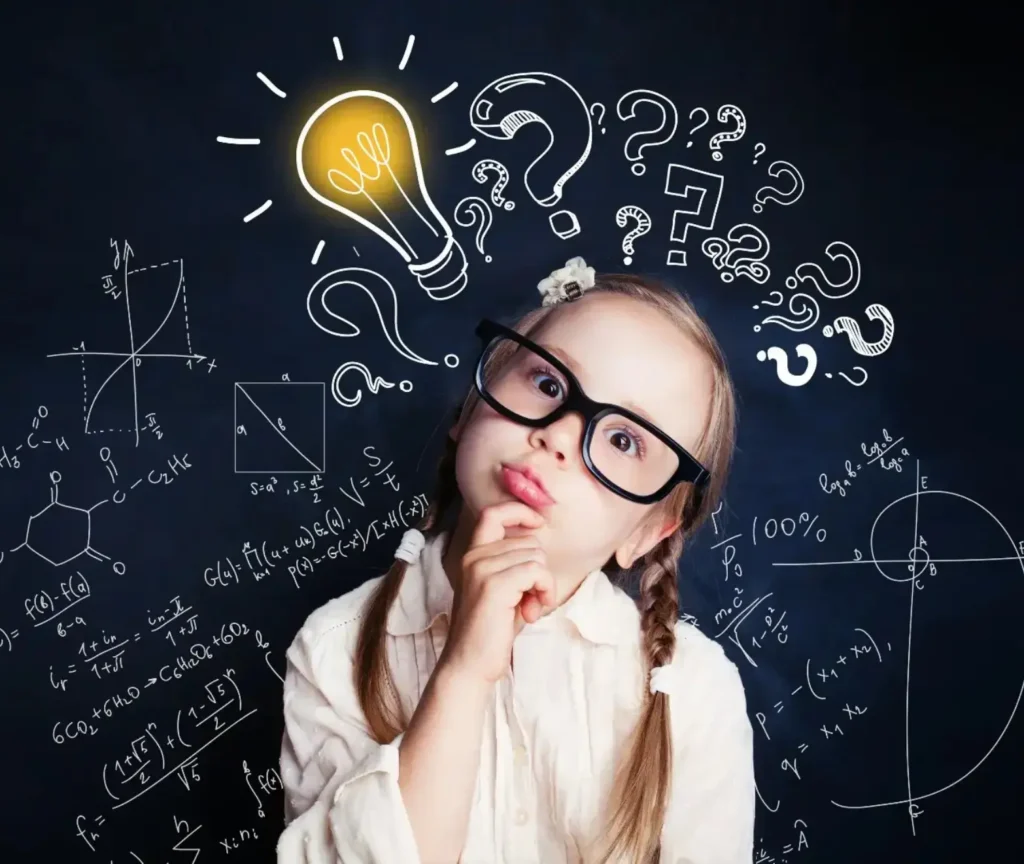 Photo of a little girls thinking with graphic lightbulbs and questions marks around her