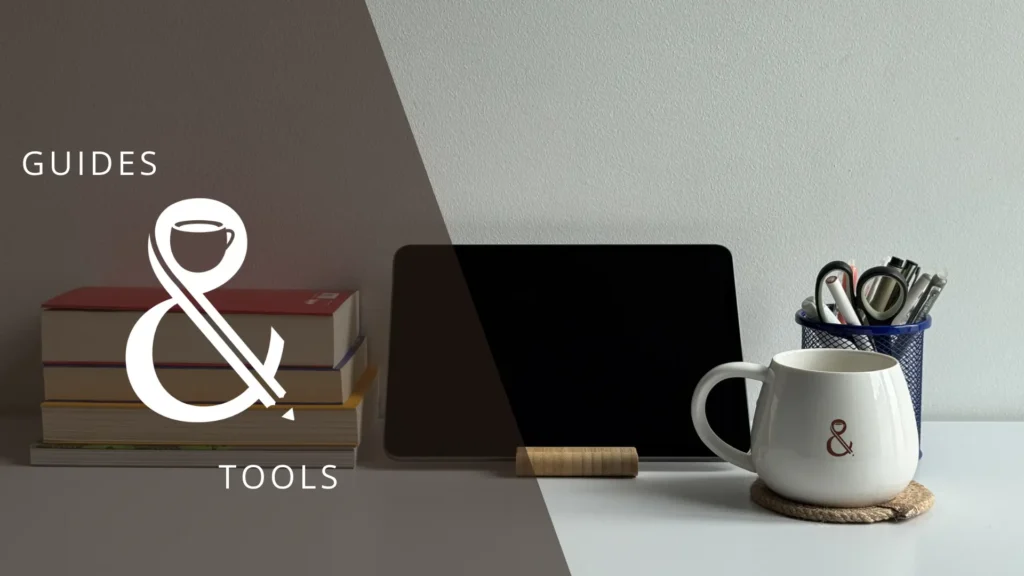 Minimal workspace with books, tablet, notebook, and Coffee & Theory mug, representing educational guides and practical learning tools.