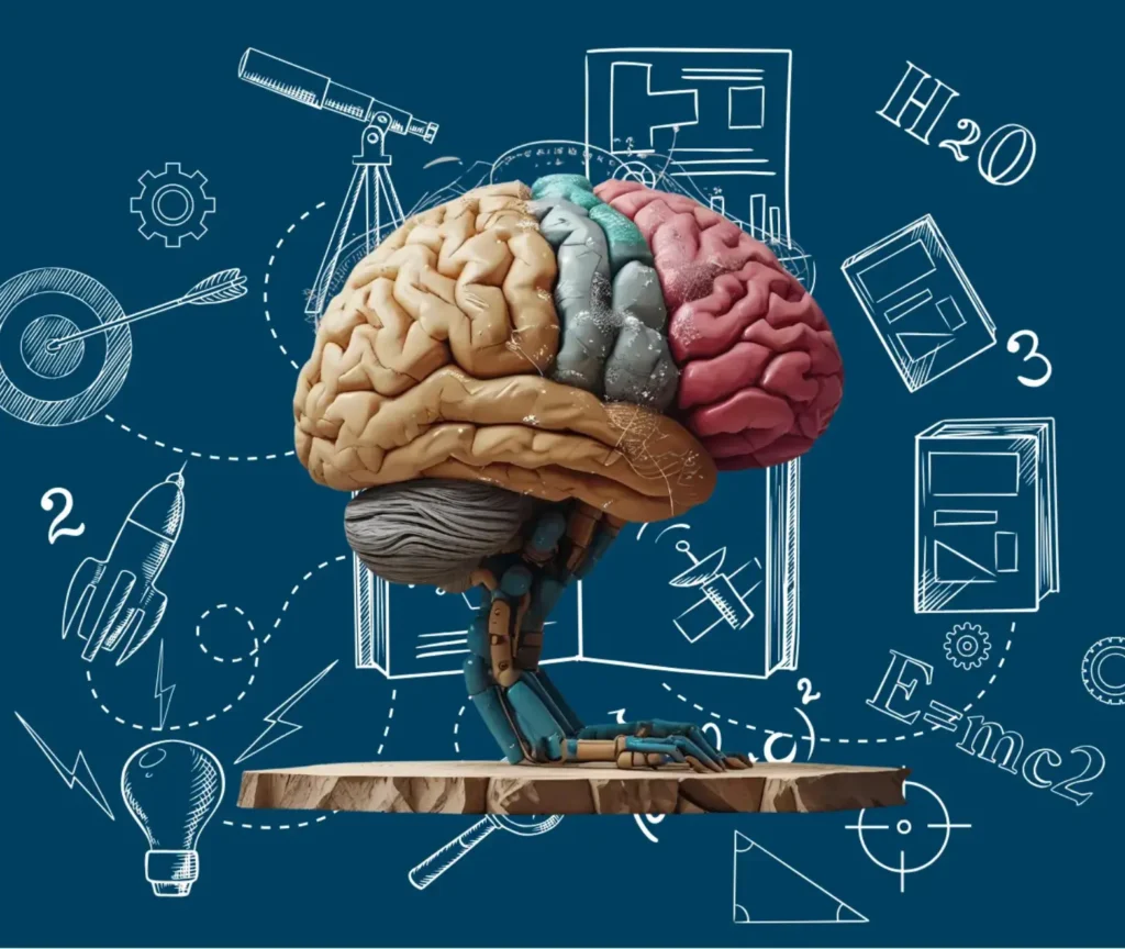 Illustration of a human brain with mechanical parts against a chalkboard filled with science and maths drawings
