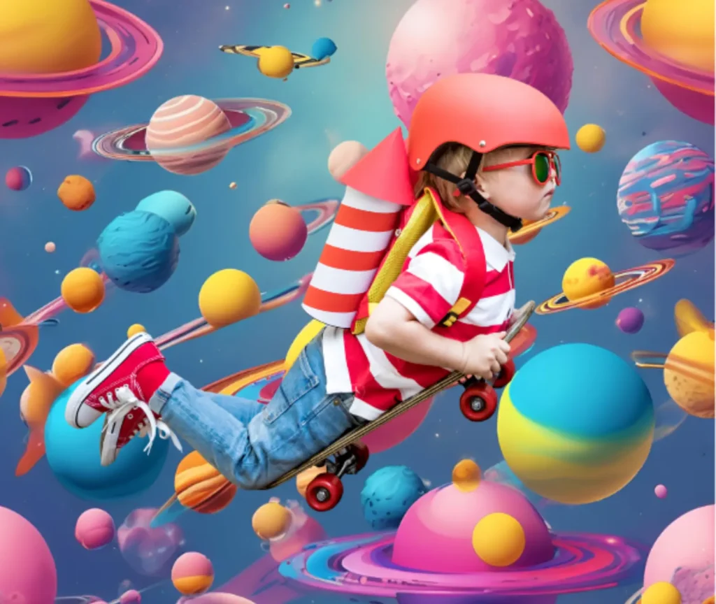 Child imagining space adventure with planets