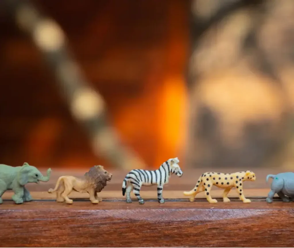 Toy animals in a row — elephant, lion, zebra, cheetah, and rhino — showing variation and differences