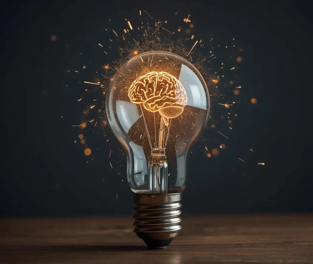 Illustration of a glowing brain inside a light bulb, symbolising intelligence, learning, and cognitive development.
