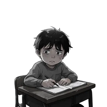 Illustration of a worried child sitting at a school desk, writing on a worksheet with a tense expression