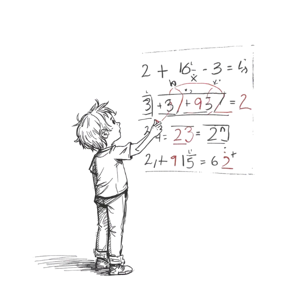 Child sketching and working through math equations on a board, illustrating problem-solving and the learning process.