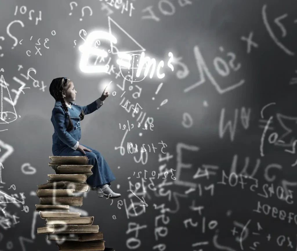 Child sitting on a stack of books pointing toward glowing math symbols and E=mc², symbolising curiosity, intelligence, and untapped learning potential.