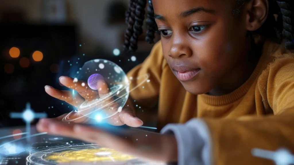 Child exploring a glowing interactive learning display with curiosity and focus