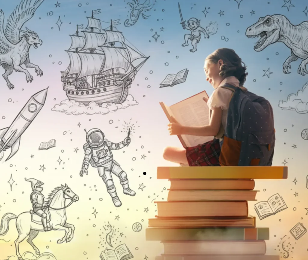 Child reading a book while sitting on a stack of books, surrounded by imaginative drawings of stories and ideas, representing intrinsic motivation and learning