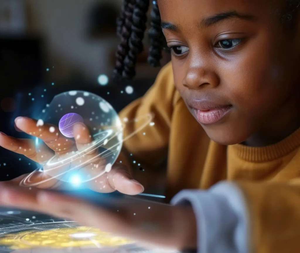Child exploring a glowing interactive learning display with curiosity and focus