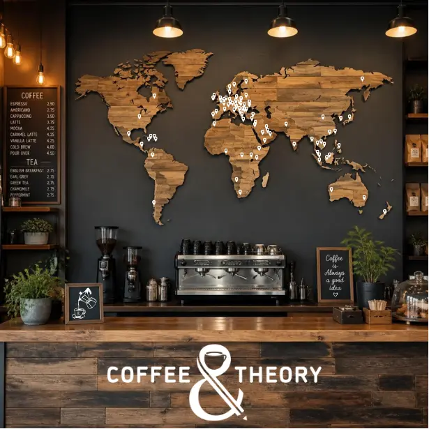 Coffee & Theory café with a world map representing a global education community